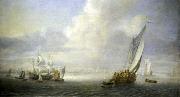 Seascape with a port in the background, Abraham van der Hecken